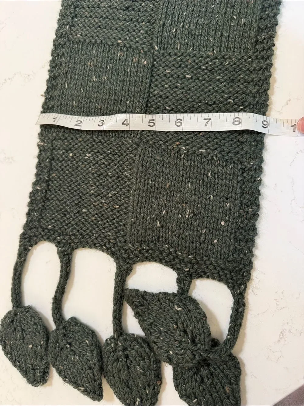 Handmade Dark Olive Knit Scarf with Leaf Tassels